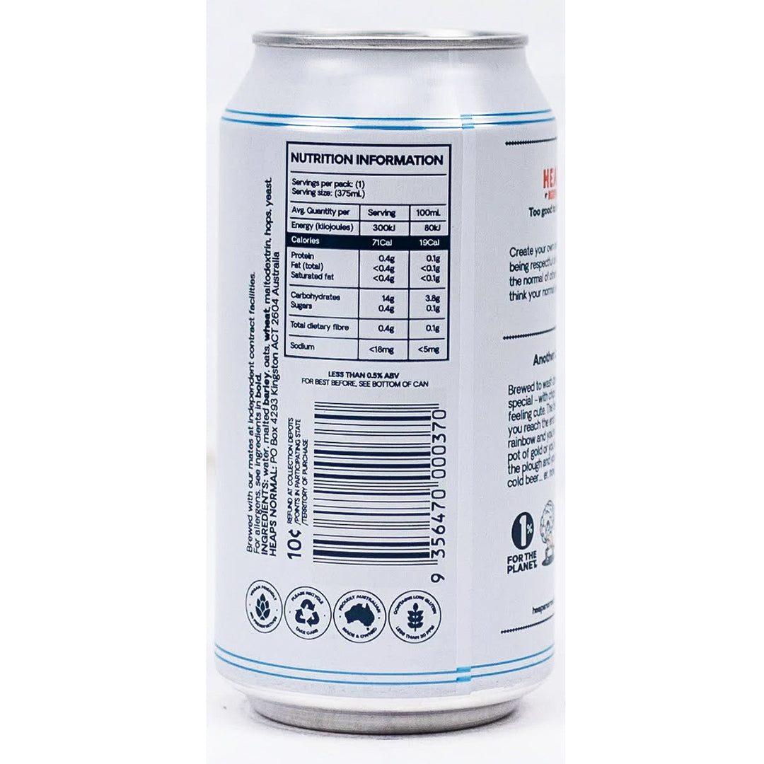 Heaps Normal Another Lager 375mL can - non-alcoholic craft beer - NB19HNC boozzero.com Nutrition Information Panel