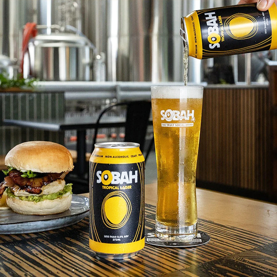 SOBAH Non-Alcoholic Beverages Tropical Lager 375mL can - non-alcoholic craft beer - boozzero.com burger and beer